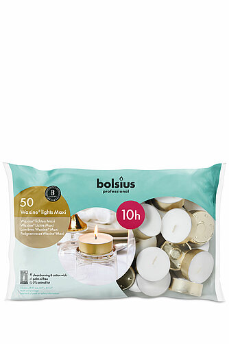 Bolsius Professional - Maxi Teelichter / Waxine-Lichte 10 h, 50er Beutel (gold) Artikelvorschau Professional - Maxi Teelichter / Waxine-Lichte 10 h, 50er Beutel (gold)