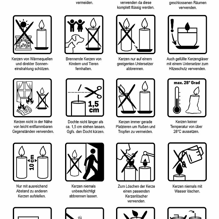 Das Bild zeigt eine Sammlung von 20 schwarz-weißen Warnhinweisen für den sicheren Umgang mit Kerzen. Jeder Hinweis ist in einem rechteckigen Feld mit einem Piktogramm und einem erklärenden Text darunter dargestellt. Hier sind einige Beispiele der dargeste