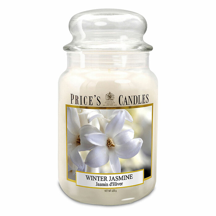 Eine Duftkerze im Apothekerglas von Prices Candles in der Größe 19,5x10cm mit dem Duft Winter Jasmine und einem Gewicht von 630g.