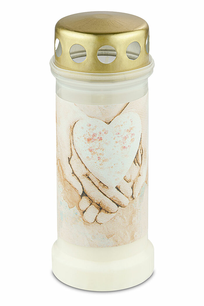 1 Bolsius Dauerbrenner Nr. 6 mit Deckel und Motiv Hände in der Größe 17x6,5cm in der Farbe Weiß.