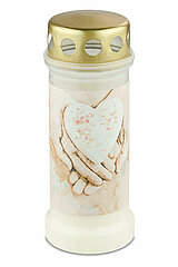 1 Bolsius Dauerbrenner Nr. 6 mit Deckel und Motiv Hände in der Größe 17x6,5cm in der Farbe Weiß.