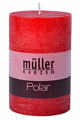 Eine Polar Stumpenkerze von Müller Kerzenfabrik in der Größe 12x7,8cm in der Farbe rot.