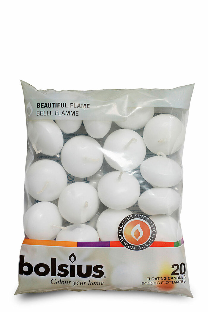 20 Schwimmkerzen von Bolsius in der Größe 4,5x3cm in der Farbe weiß.
