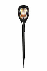 Eine schwarze Gartenfackel mit einem beeindruckenden, modernen Design und einem Leuchtsystem im Inneren. Sie hat ein rundes, gitterähnliches Gehäuse, durch das das warme Licht schimmert und einen flackernden Flammeneffekt erzeugt. Der lange Stab endet in 