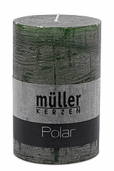 Eine Polar Stumpenkerze von Müller Kerzenfabrik in der Größe 12x7,8cm in der Farbe dunkelgrün.