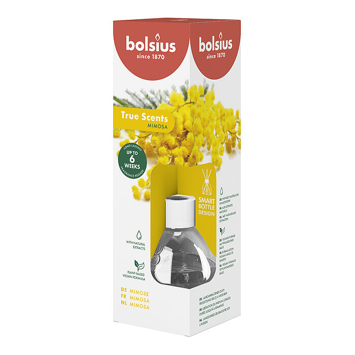 Ein True Scents Raumduft von Bolsius mit 60ml Inhalt mit dem Geruch Mimose.
