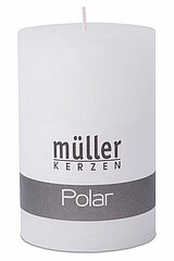 Eine Polar Stumpenkerze von Müller Kerzenfabrik in der Größe 12x7,8cm in der Farbe weiß.