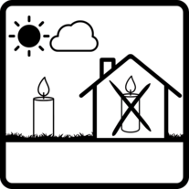 Kerzen Piktogramm: Outdoorkerzen nur im Freien verwenden. Niemals in geschlossenen Räumen.