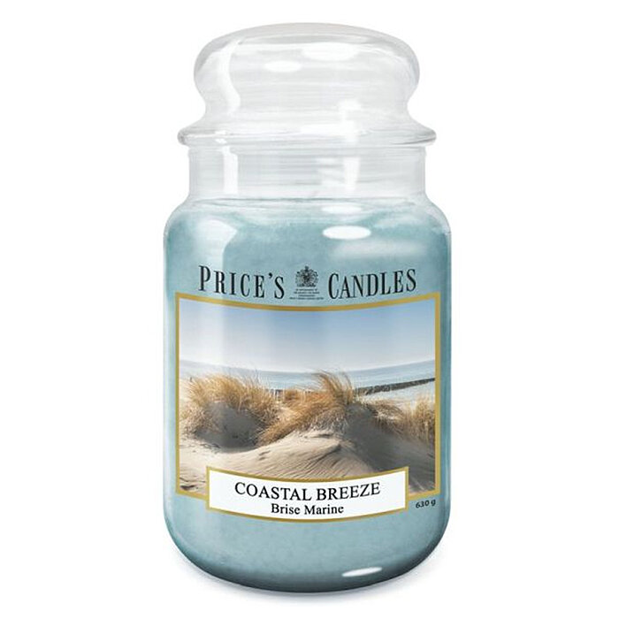 Eine Duftkerze im Apothekerglas von Prices Candles in der Größe 19,5x10cm mit dem Duft Coastal Breeze und einem Gewicht von 630g.