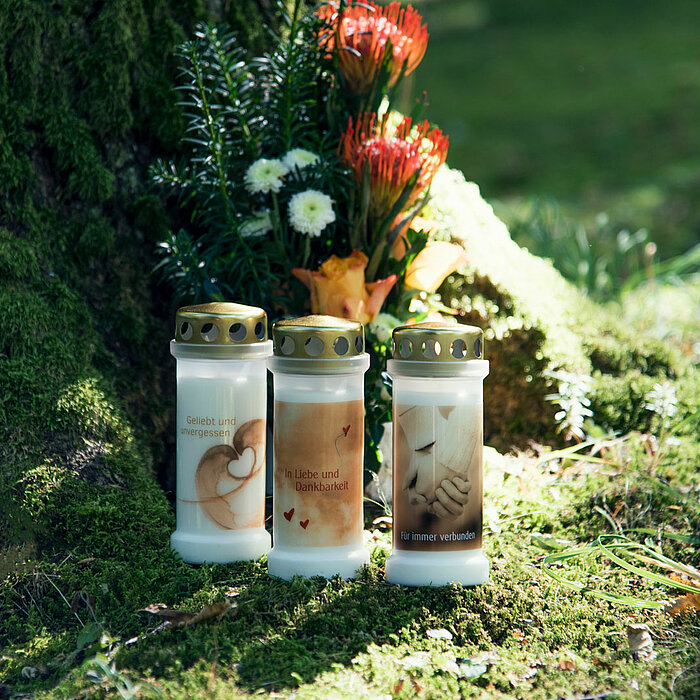 Drei Bolsius Grabkerzen stehen auf moosigem Waldboden vor einem Baumstamm. Hinter den Kerzen ist ein Blumenarrangement mit weißen und bunten Blüten zu sehen. Die Kerzen sind in Weiß gehalten und mit verschiedenen Motiven und Texten dekoriert. Die Lichter 