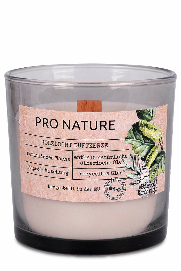 Ein Raps Duftglas mit Holzdocht von Müller Kerzenfabrik in der Größe 10x10cm in der Geruchssorte Birke & Kräuter.