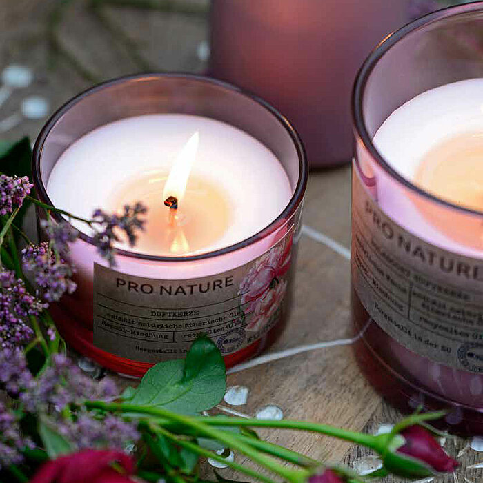 Zwei brennende Müller Kerzen in braunen Gläsern mit dem Aufdruck "Pro Nature" stehen auf einem weißen runden Tablett. Umringt sind sie von kleinen weißen Blumen und grünen Pflanzen, die in grauen Töpfen arrangiert sind. Im Hintergrund sind weitere Pflanze