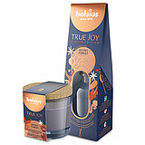Eine Bolsius True Joy Winter Edition Kerze mit der Duftnote "Secret Forest". Die Kerze befindet sich in einem Glas mit einem Korkdeckel. Daneben steht eine dazugehörige Geschenkverpackung mit einem Griff, auf der das gleiche Design und die gleiche Beschri