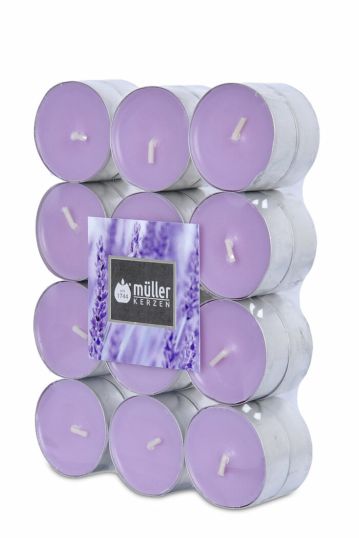 24 Duft-Teelichter von Müller Kerzenfabrik in der Größe 1,5x3,9cm mit dem Geruch Lavendelfelder.