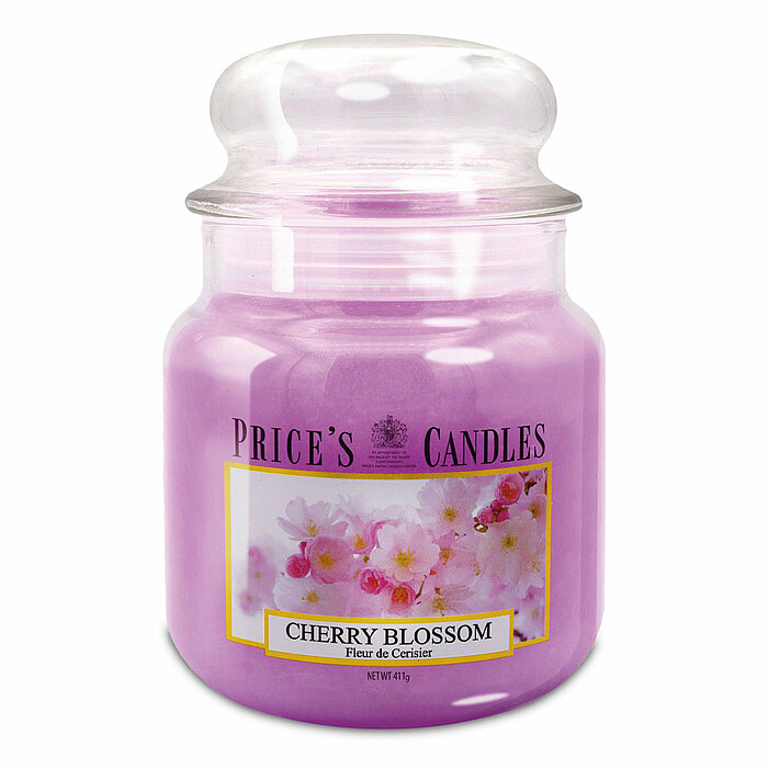 Eine Apothekerglas-Kerze von Prices Candles in der Größe 14,2x9,5cm mit dem Duft Cherry Blossom und einem Gewicht von 411g.