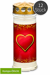 Eine weiße Grabkerze in einem durchsichtigen Behälter mit goldenem Deckel. Die Kerze hat eine rote Banderole mit einem zentralen, roten Herzmotiv, das von einem goldenen Rand umgeben ist. Rund um das Herz sind dekorative goldene Muster zu sehen. Oben rech