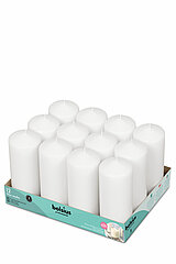 12 Stumpenkerzen von Bolsius Professional in der Größe 17x6,8cm in der Farbe weiß.