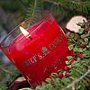 Eine brennende rote Kerze von Price's Candles in einem Glasbehälter, auf dem der Schriftzug "Price's Candles" zu lesen ist. Die Kerze ist umgeben von Tannenzweigen und kleinen roten Beeren, die die festliche Stimmung der Weihnachtszeit unterstreichen.