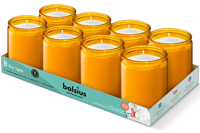 8 Starlight Windlichter von Bolsius in der Größe 8,2x6,8cm in der Farbe Bernstein.