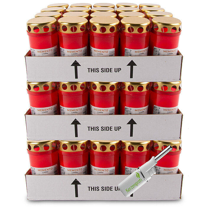 60 Grabkerzen Nr. 3 mit Deckel inkl. Feuerzeug von Bolsius in der Größe 12x6cm in der Farbe Rot.