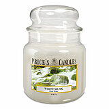 Eine Apothekerglas-Kerze von Prices in der Größe 14,2x9,5cm mit dem Duft White Musk und einem Gewicht von 411g.