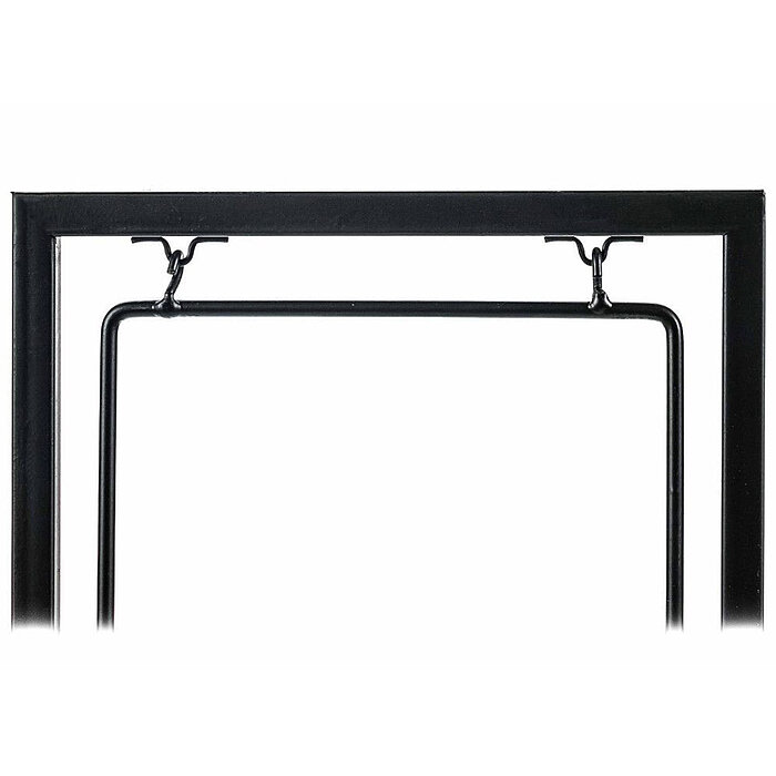 Ein rechteckiger schwarzer Metallrahmen mit zwei Aufhängungen an der oberen Seite. Der Rahmen hat einen minimalistischen und schlichten Stil.