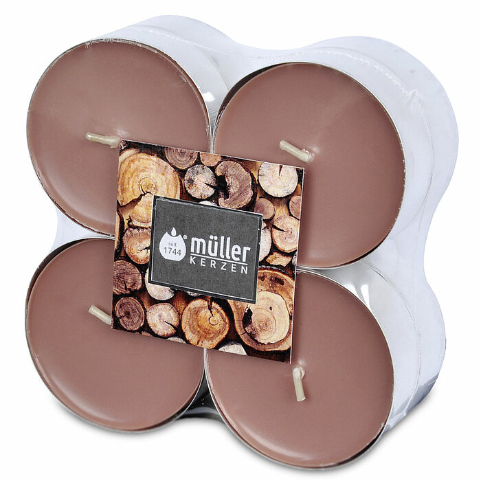 Acht Maxi-Duft-Teelichter von Müller Kerzenfabrik in der Größe 2,2x5,7cm mit Sandelholzduft.