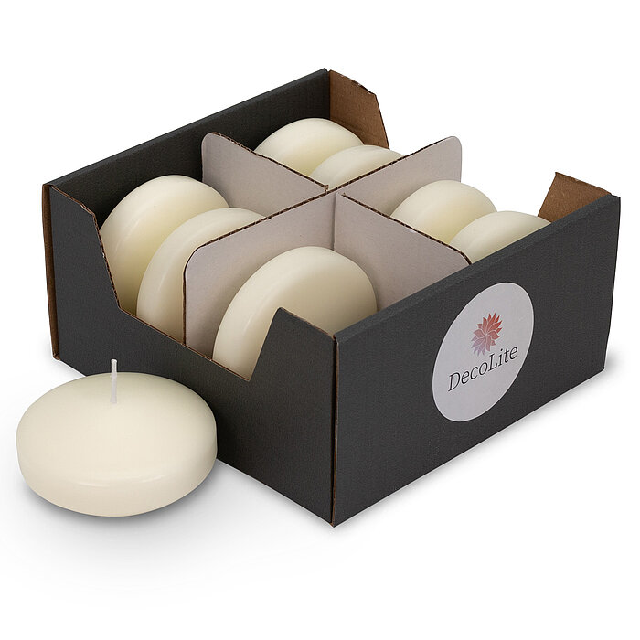 Acht Schwimmkerzen Maxi von Decolite in der Größe 4x8cm in der Farbe Elfenbein.