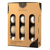 Ein 12er Pack Christbaumkugeln in Beige mit 8cm Durchmesser von DecoLite in einer dekorativen Schachtel.