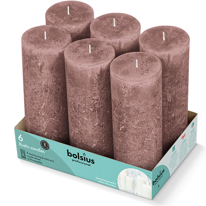 6 Bolsius Professional Rustik Stumpenkerzen in der Größe 19x6,8cm in der Farbe Wildlederbraun.