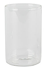 Ein transparenter, zylindrischer Glasbehälter mit einer breiten Öffnung. Der Behälter hat eine glatte Oberfläche und einen flachen Boden. Es sind keine zusätzlichen Dekorationen oder Markierungen auf dem Glas zu sehen.