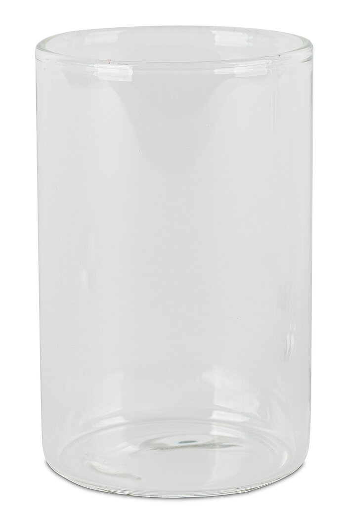Ein transparenter, zylindrischer Glasbehälter mit einer breiten Öffnung. Der Behälter hat eine glatte Oberfläche und einen flachen Boden. Es sind keine zusätzlichen Dekorationen oder Markierungen auf dem Glas zu sehen.