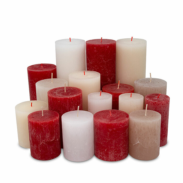 5 kg Mixpaket von Decolite mit rustikalen und polar Kerzen in der Größe 5x5 cm in der Farbe rot.