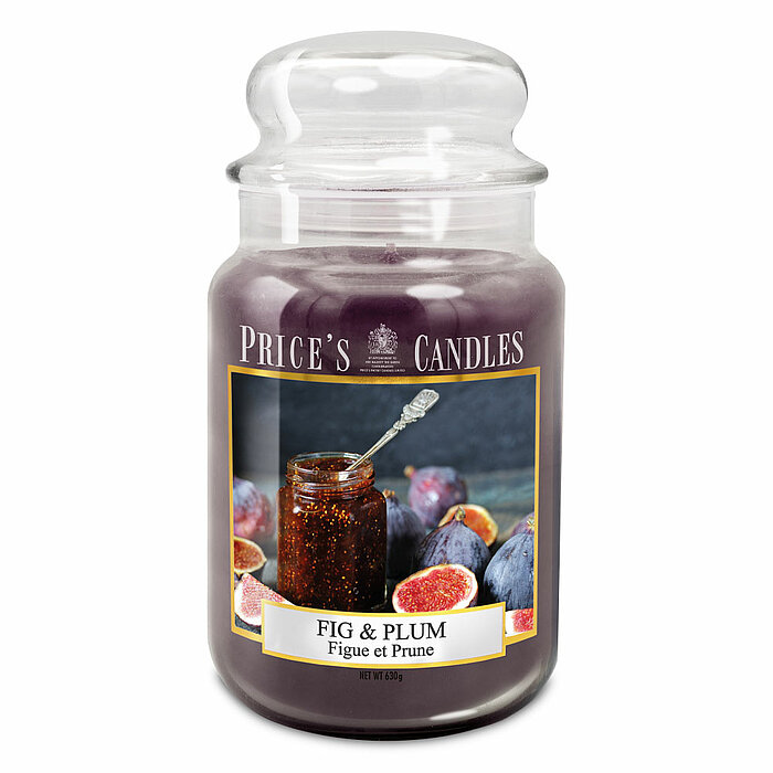Eine Duftkerze im Apothekerglas von Prices Candles in der Größe 19,5x10cm mit dem Geruch von Feige und Pflaume und einem Gewicht von 630g.