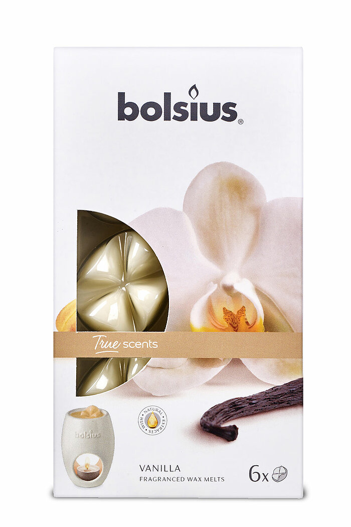 Eine 6er Packung True Scents Wax Melts von Bolsius mit dem Geruch Vanilla.