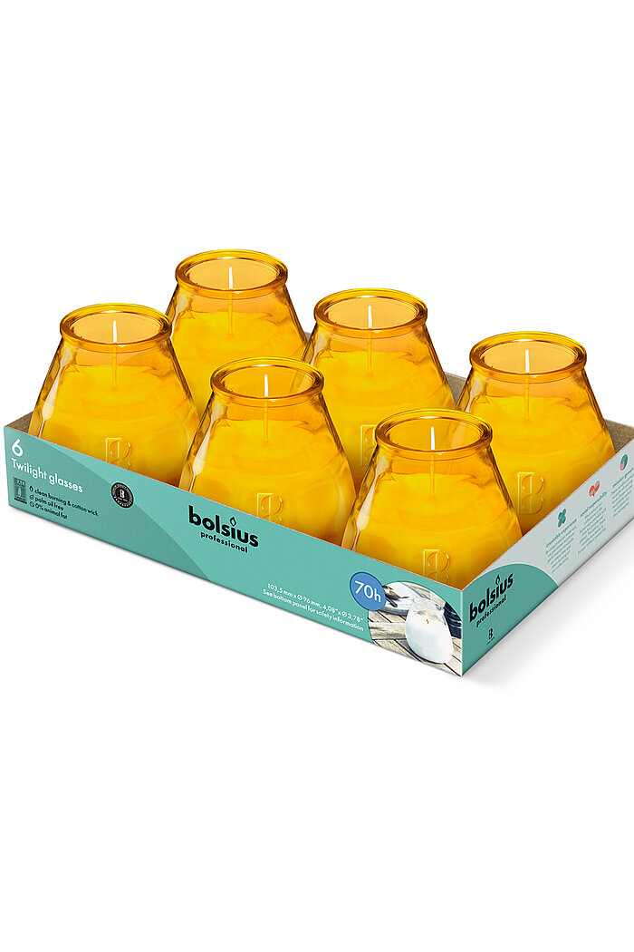 6 Bolsius Glaswindlichter Twighlight in der Größe 10,4x9,9cm in der Farbe Bernstein.