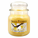 Eine Duftkerze im Apothekerglas von Prices Candles in der Größe 14,2x9,5cm mit dem Duft Sweet Vanilla und einem Gewicht von 411g.