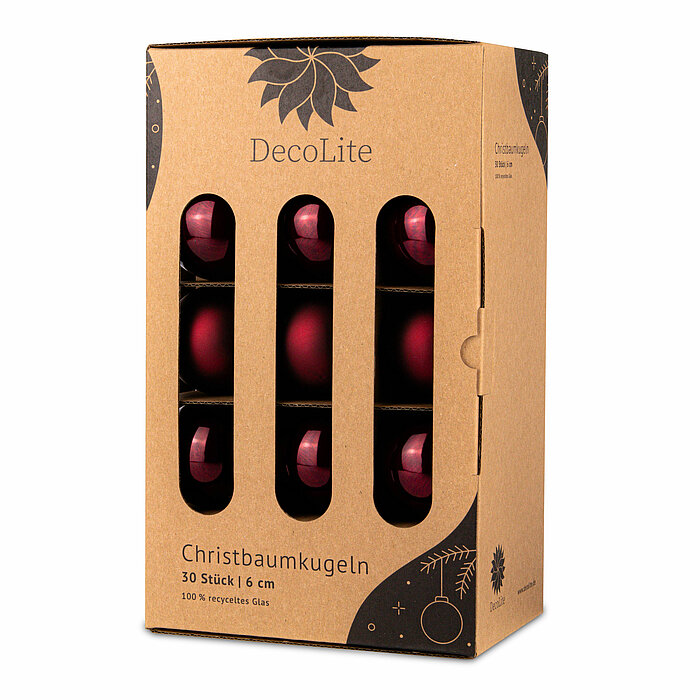 Ein 30er Pack Christbaumkugeln in Bordeaux mit 6cm Durchmesser von DecoLite in einer dekorativen Schachtel.