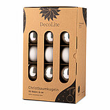 Ein 30er Pack Christbaumkugeln in Grau mit 6cm Durchmesser von DecoLite in einer dekorativen Schachtel.