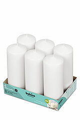 6 Stumpenkerzen von Bolsius Professional in der Größe 20x6,8cm in der Farbe weiß.