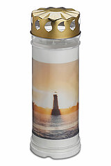 1 Bolsius Grablicht Nr. 7 mit Deckel und Motiv Leuchtturm in der Größe 20x7,5cm in der Farbe Weiß.