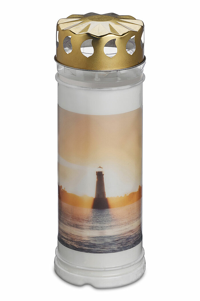 1 Bolsius Grablicht Nr. 7 mit Deckel und Motiv Leuchtturm in der Größe 20x7,5cm in der Farbe Weiß.
