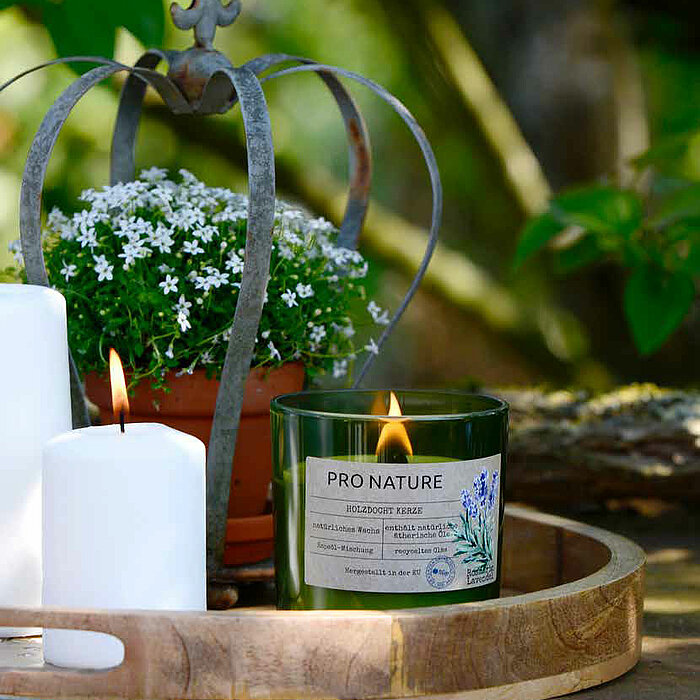 Eine brennende Müller Pro Nature Holzdosef Kerze in einem grünen Glasbehälter, die neben getrocknetem Lavendel auf einem Tisch steht. Im Hintergrund ist eine weitere brennende Kerze in einem braunen Glas von Müller zu sehen, begleitet von einer Orange und