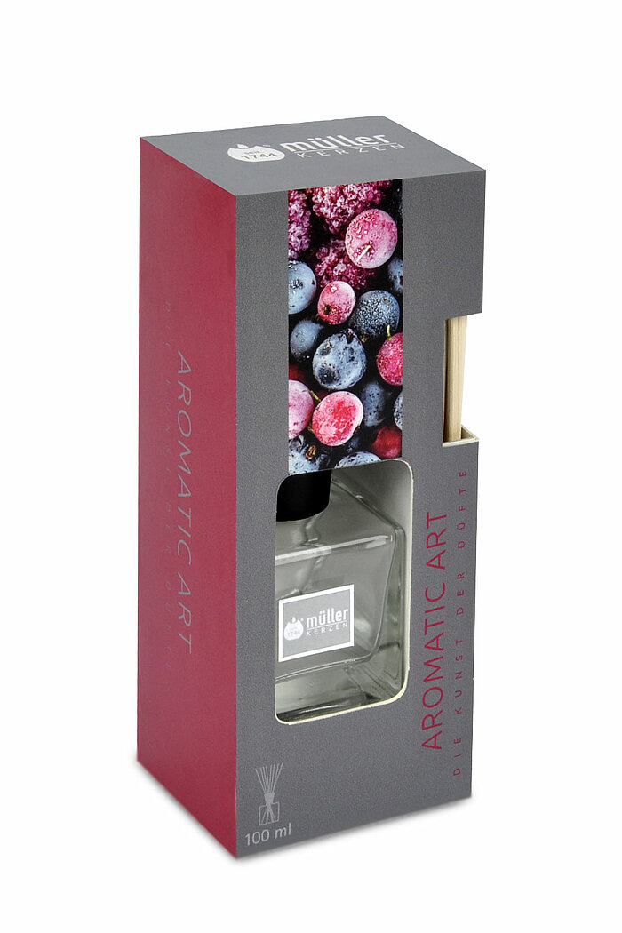 Ein Raumbedufter von Müller Kerzenfabrik in der Größe 20,5cm in der Geruchssorte Wilde Beeren mit 100ml.