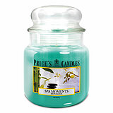 Eine Duftkerze im Apothekerglas von Prices Candles in der Größe 14,2x9,5cm mit dem Duft Spa Moments und einem Gewicht von 411g.