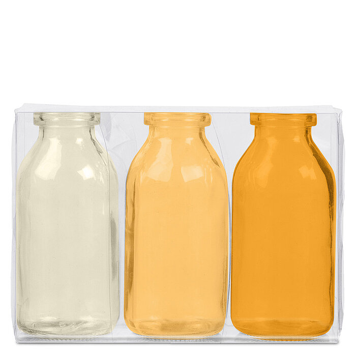 Drei kleine Flaschen Bottle von Sandra Rich in der Größe 10,5x5,0cm in der Farbe Gelb.