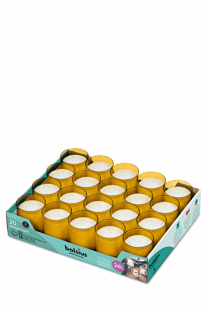 20 Relight Nachfüllkerzen von Bolsius in der Größe 6,4x5,2cm in der Farbe Bernstein.