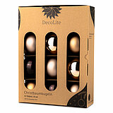 Ein 12er Pack Christbaumkugeln in Lounge mit 8cm Durchmesser von DecoLite in einer dekorativen Schachtel.
