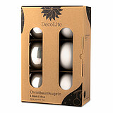 Ein 6er Pack Christbaumkugeln in Grau mit 10cm Durchmesser von DecoLite in einer dekorativen Schachtel.