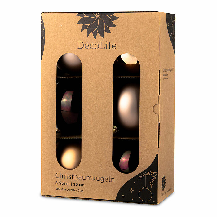 Ein 6er Pack Christbaumkugeln in Lounge mit 10cm Durchmesser von DecoLite in einer dekorativen Schachtel.